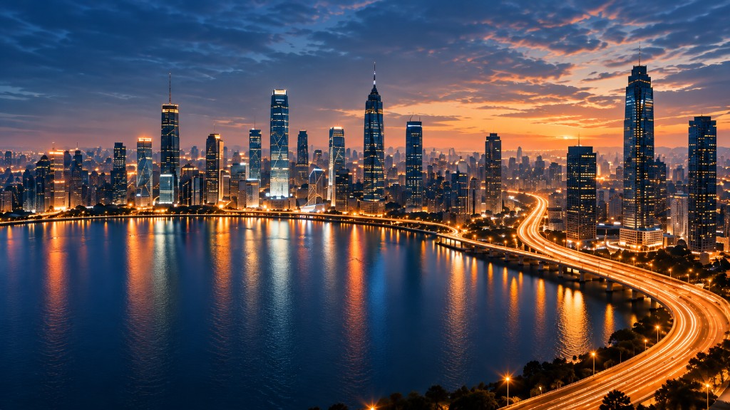 City skyline at dusk along the waterfront