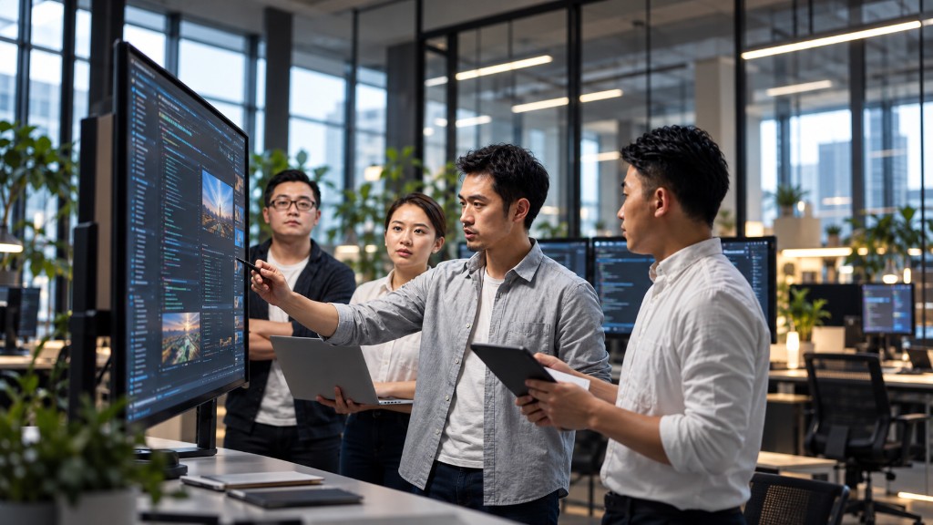 Twinlink team reviewing work on a large display