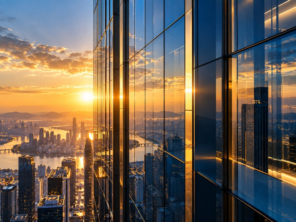 Sunset reflecting across a glass tower