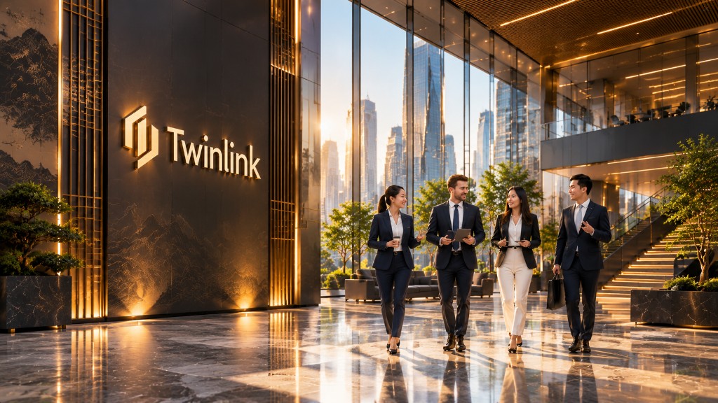 Twinlink lobby with the team walking through headquarters