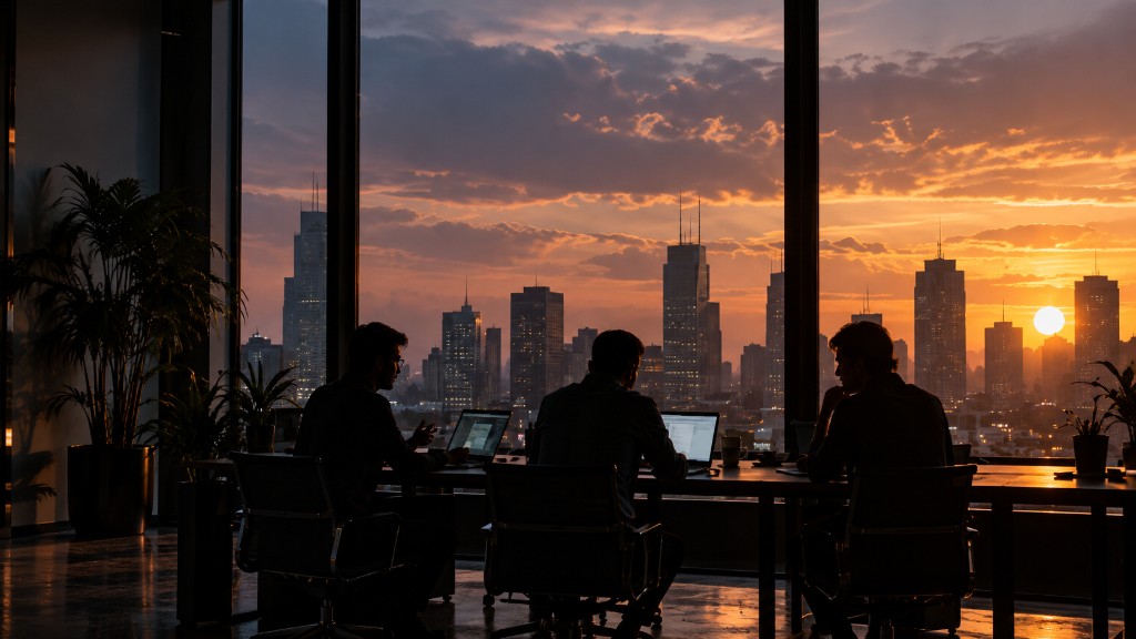 TwinLink team working at a desk against a sunset skyline