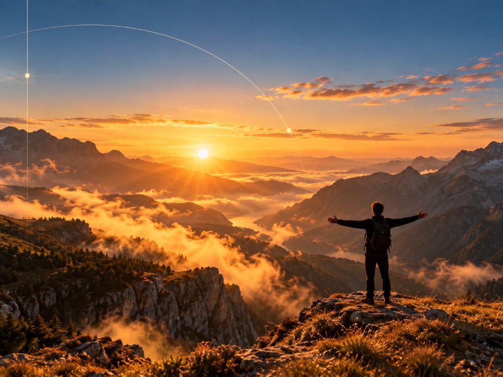 A person standing on a mountain summit above the clouds at sunset